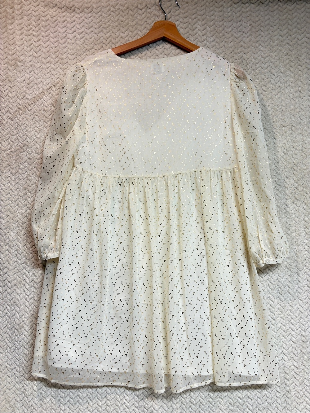 Aritzia Sunday Best Gold Foil Dot Mini Babydoll Dress Small V-Neck Boho Holiday - Picture 9 of 11